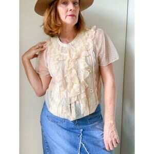 Y2K Lace Ruffle Blouse Cream Size Large Romantic Boho Victorian Vibe Free People